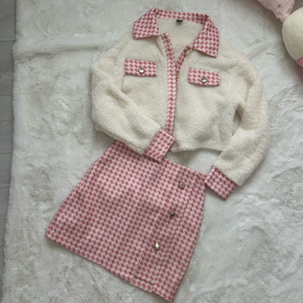 winter pink skirt and coat set